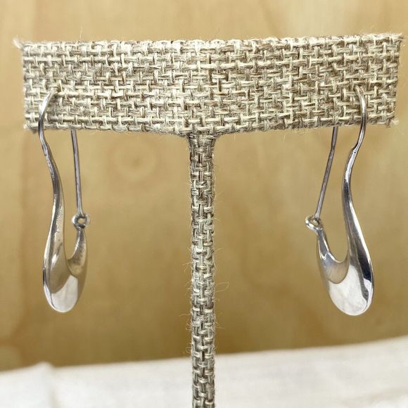 Vintage Jewelry - Vtg Earrings 925 Shiny Silver Oblong Abstract Long Dangling Puffy Geometric Hoop